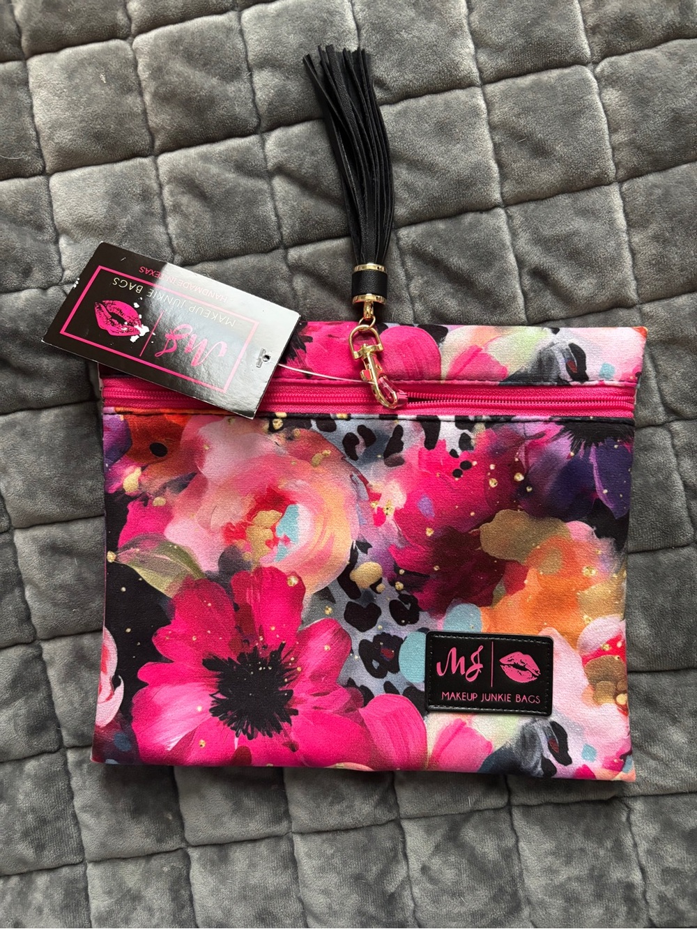 Makeup Junkie Bags Pink Floral Cosmetic Pouch with Tassel